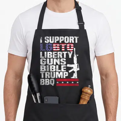 Tablier de cuisine noir avec inscription blanche Je soutiens LGBTQ Liberty Guns Bible Trump BBQ et silhouette de fusil.