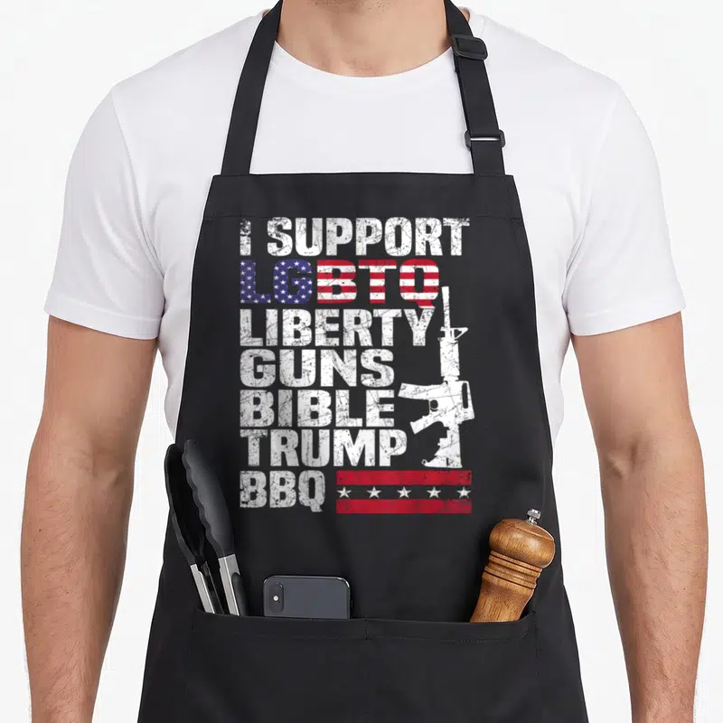 Tablier de cuisine noir avec inscription blanche Je soutiens LGBTQ Liberty Guns Bible Trump BBQ et silhouette de fusil.