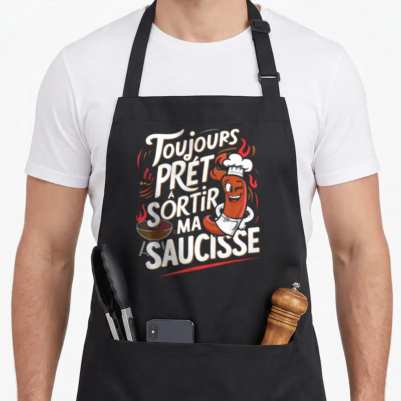 Tablier de cuisine noir avec une saucisse souriante en chef et un grill imprimé au centre du vêtement.