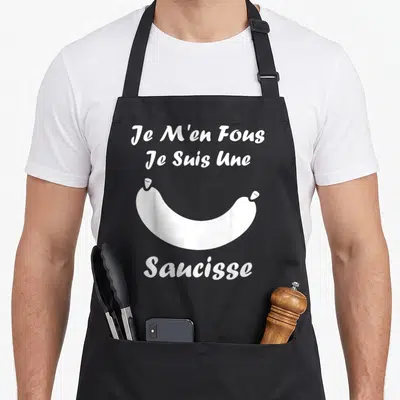 Tablier de cuisine noir avec une illustration de saucisse blanche et le texte Je M'en Fous Je Suis Une Saucisse.