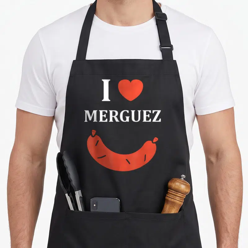 Tablier de cuisine noir avec texte blanc I love Merguez et illustration de saucisse rouge courbée en forme de sourire.