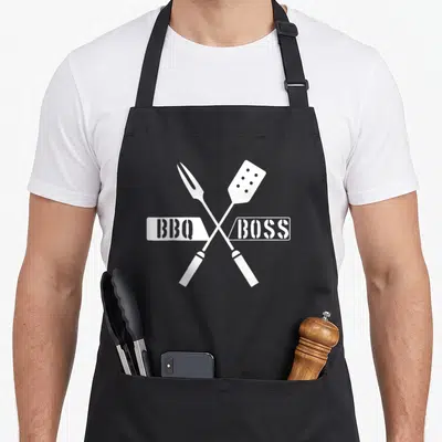 Tablier de cuisine noir avec une fourchette et une spatule blanche croisées au centre du motif imprimé.