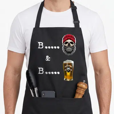 Tablier de cuisine noir avec illustration crâne barbu bonnette rouge et verre de bière Barbe Junkies.