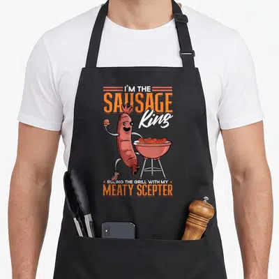 Tablier de cuisine noir avec une saucisse royale debout près d'un gril rouge et des textes orange et blancs.