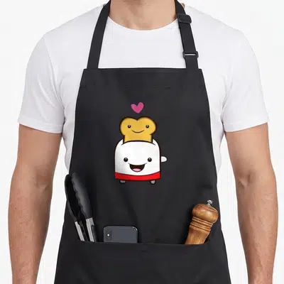 Tablier de cuisine noir avec illustration d'un grille-pain blanc et d'un toast doré au visage souriant.