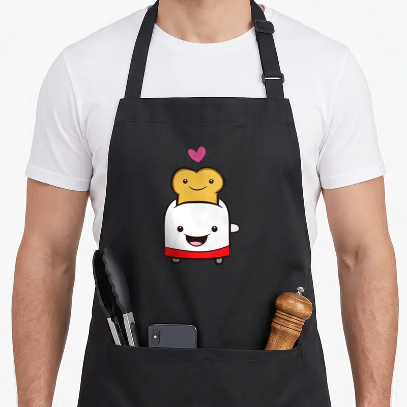 Tablier de cuisine noir avec illustration d'un grille-pain blanc et d'un toast doré au visage souriant.