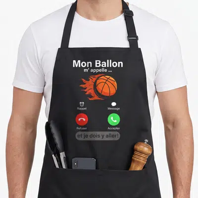 Tablier de cuisine noir avec un ballon de basket enflammé et des boutons d'appel téléphonique, rappelant une notification smartphone.
