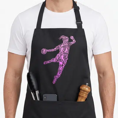 Tablier de cuisine noir avec silhouette rose vif d'une joueuse de handball formée par des icônes sportives variées.
