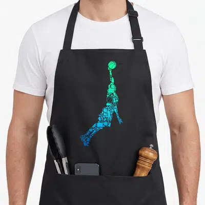 Tablier de cuisine noir avec silhouette basketteur formée d'icônes de basketball en dégradé bleu et vert.