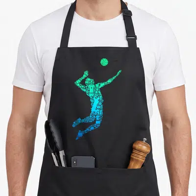 Tablier de cuisine noir avec silhouette de joueur de volley formée d'icônes sportives en dégradé bleu et vert.
