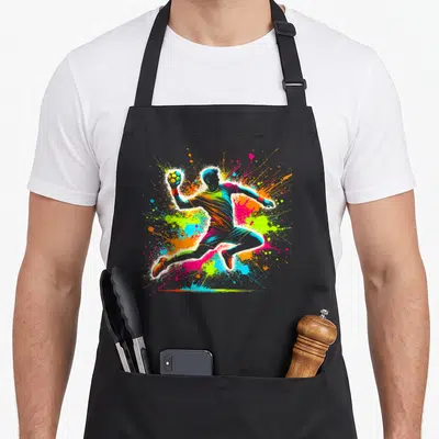 Tablier de cuisine noir avec illustration colorée d'un joueur de handball en saut entouré d'éclaboussures vives.