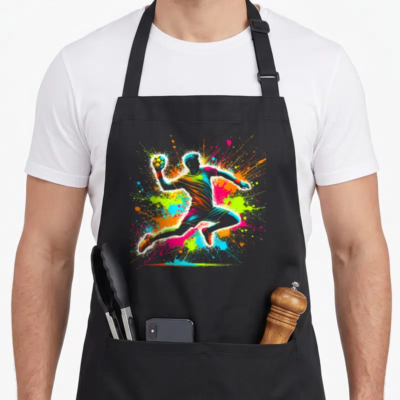 Tablier de cuisine noir avec illustration colorée d'un joueur de handball en saut entouré d'éclaboussures vives.
