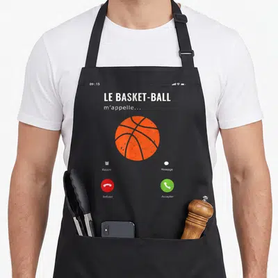 Tablier de cuisine noir avec écran d'appel montrant un ballon orange et le texte Le Basket-Ball m'appelle, rappel message refuser accepter