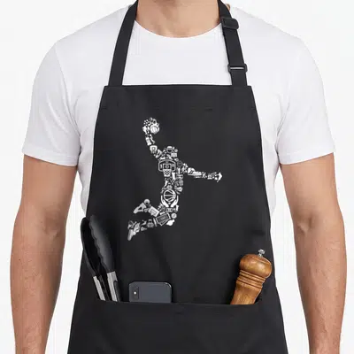 Tablier de cuisine noir avec une silhouette blanche de joueur de basket formée par des icônes sportives et un panier.