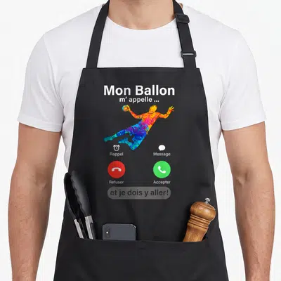 Tablier de cuisine noir avec un joueur de sport en vol coloré et des icônes d'appel téléphonique.