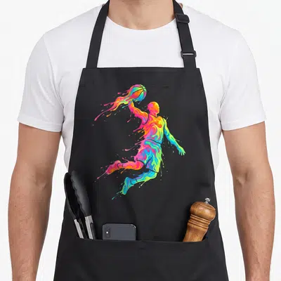 Tablier de cuisine noir avec un basketteur stylisé formé par des éclaboussures de peinture aux couleurs vives.