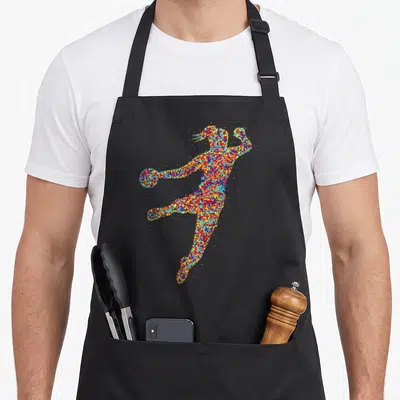 Tablier de cuisine noir avec une silhouette de joueur de handball formée par une mosaïque de points multicolores dynamiques et vibrants.