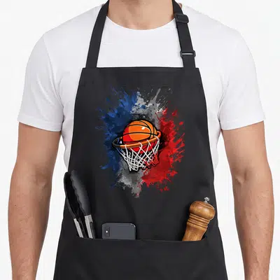 Tablier de cuisine noir avec illustration d'un ballon de basket dans un filet aux couleurs du drapeau français