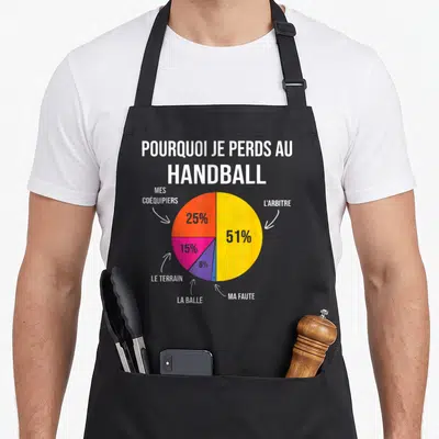 Tablier de cuisine noir avec un diagramme circulaire coloré et le texte Pourquoi je perds au handball l'arbitre.