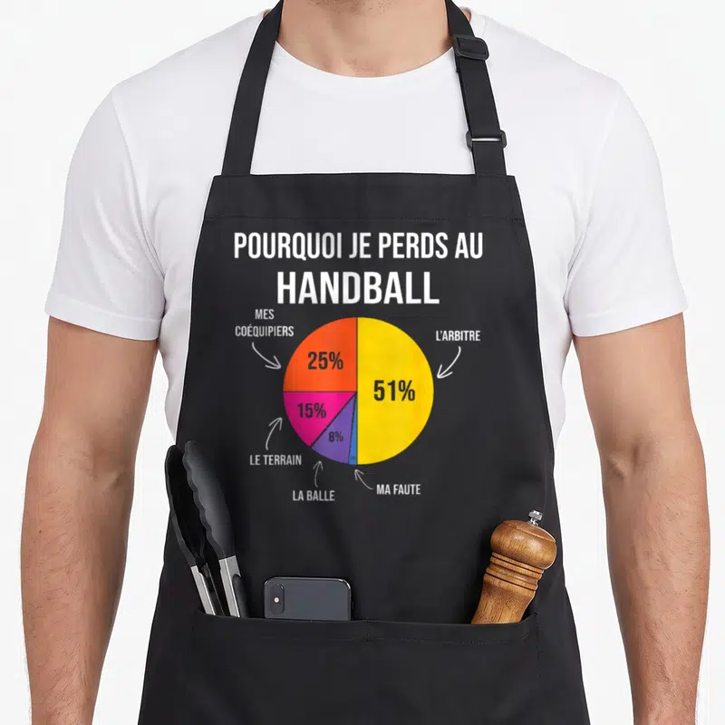 Tablier de cuisine noir avec un diagramme circulaire coloré et le texte Pourquoi je perds au handball l'arbitre.
