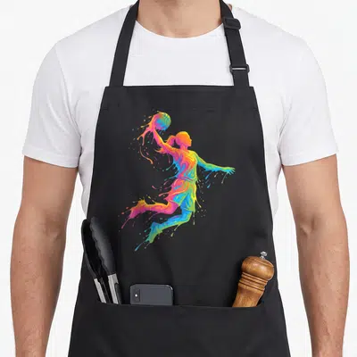 Tablier de cuisine noir avec illustration d'une basketteur formée par des éclaboussures de peinture aux couleurs arc-en-ciel.