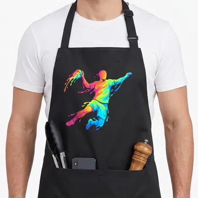 Tablier de cuisine noir avec une silhouette de joueur de handball multicolore aux effets de peinture fluide.