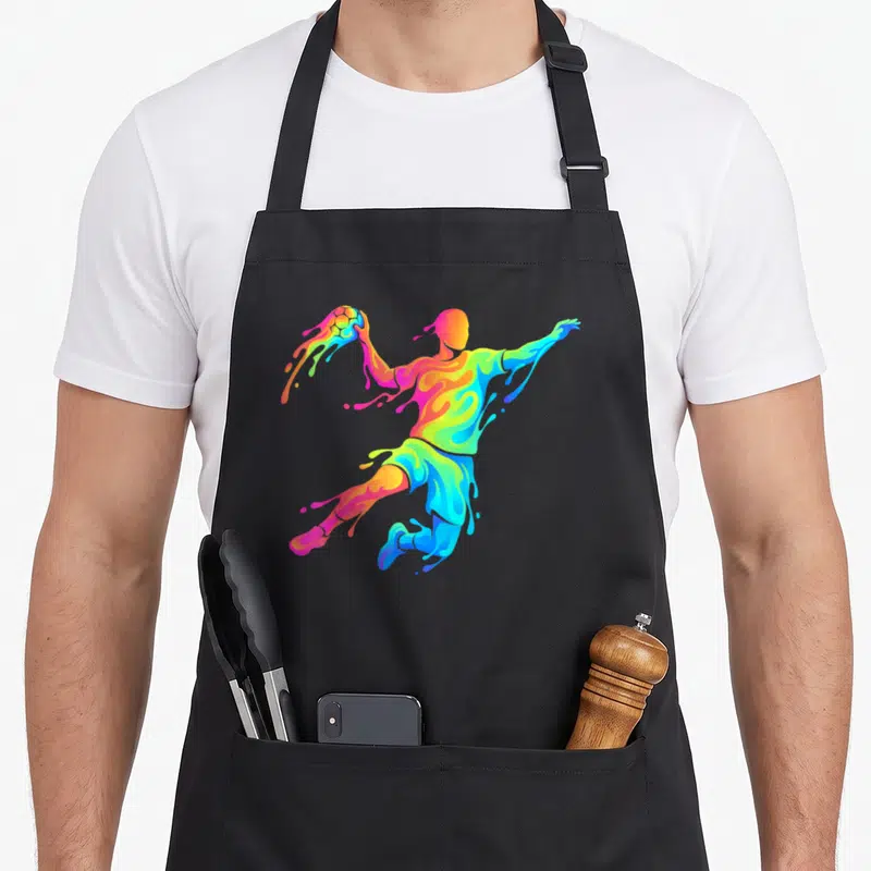 Tablier de cuisine noir avec une silhouette de joueur de handball multicolore aux effets de peinture fluide.