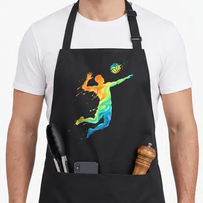 Tablier de cuisine noir avec une silhouette de joueur de volley en couleurs vives et fluides.
