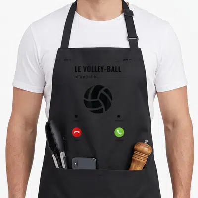 Tablier de cuisine noir avec illustration d'écran de téléphone affichant un ballon de volley et les boutons accepter ou refuser une appel.