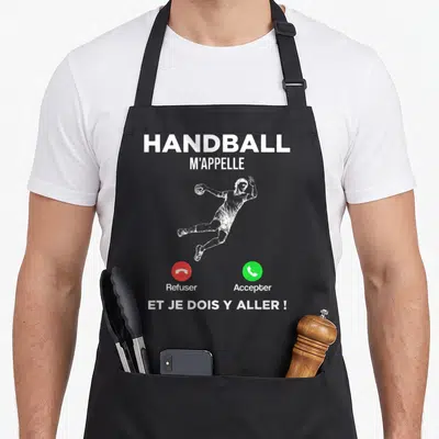 Tablier de cuisine noir avec illustration d'un handballeur en saut et boutons appeler Refuser ou Accepter.