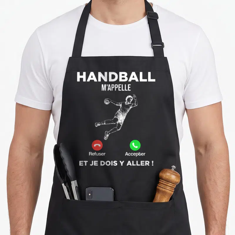 Tablier de cuisine noir avec illustration d'un handballeur en saut et boutons appeler Refuser ou Accepter.