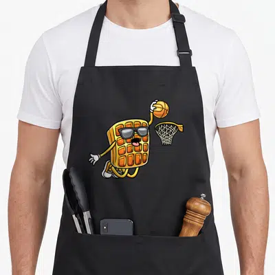 Tablier de cuisine noir avec illustration d'un waffle aux lunettes noires tirant un panier de basket-ball.