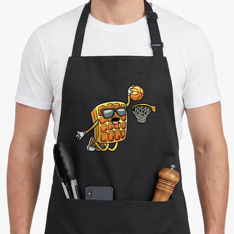 Tablier de cuisine noir avec illustration d'un waffle aux lunettes noires tirant un panier de basket-ball.