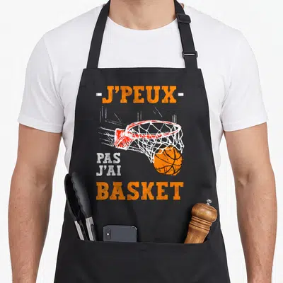 Tablier de cuisine noir avec illustration d'un panier de basket et texte orange blanc