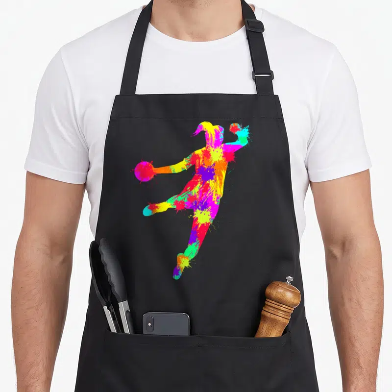 Tablier de cuisine noir avec silhouette de joueuse de handball formée par des éclaboussures de peinture aux couleurs vives et contrastées.