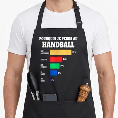Tablier de cuisine noir avec un graphique coloré expliquant les raisons de la défaite au handball.