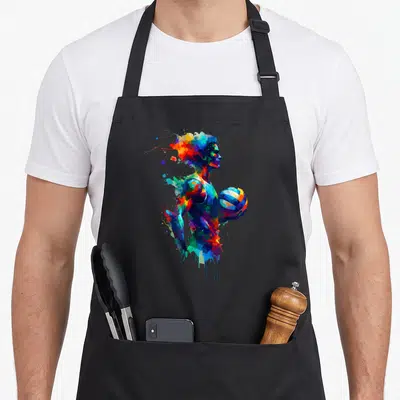 Tablier de cuisine noir avec une illustration splash art d'un joueur de volley-ball aux couleurs vives et éclaboussées.