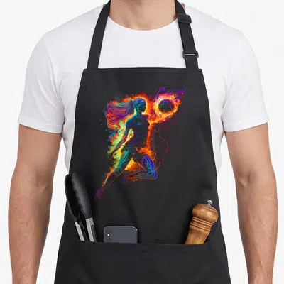 Tablier de cuisine noir avec illustration d'une joueuse de volley-ball aux couleurs vives et au ballon enflammé.