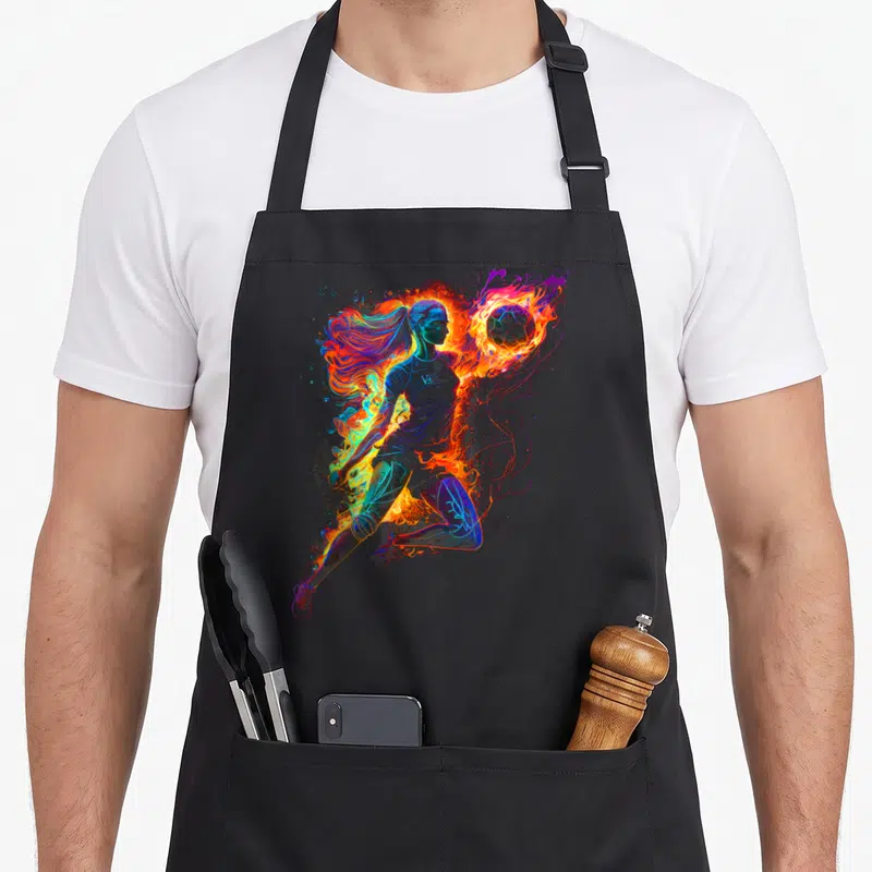 Tablier de cuisine noir avec illustration d'une joueuse de volley-ball aux couleurs vives et au ballon enflammé.