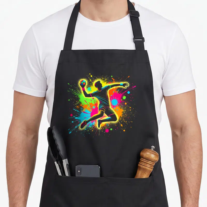 Tablier de cuisine noir avec illustration d'un joueur de handball sautant entouré d'éclaboussures multicolores fluorescentes.