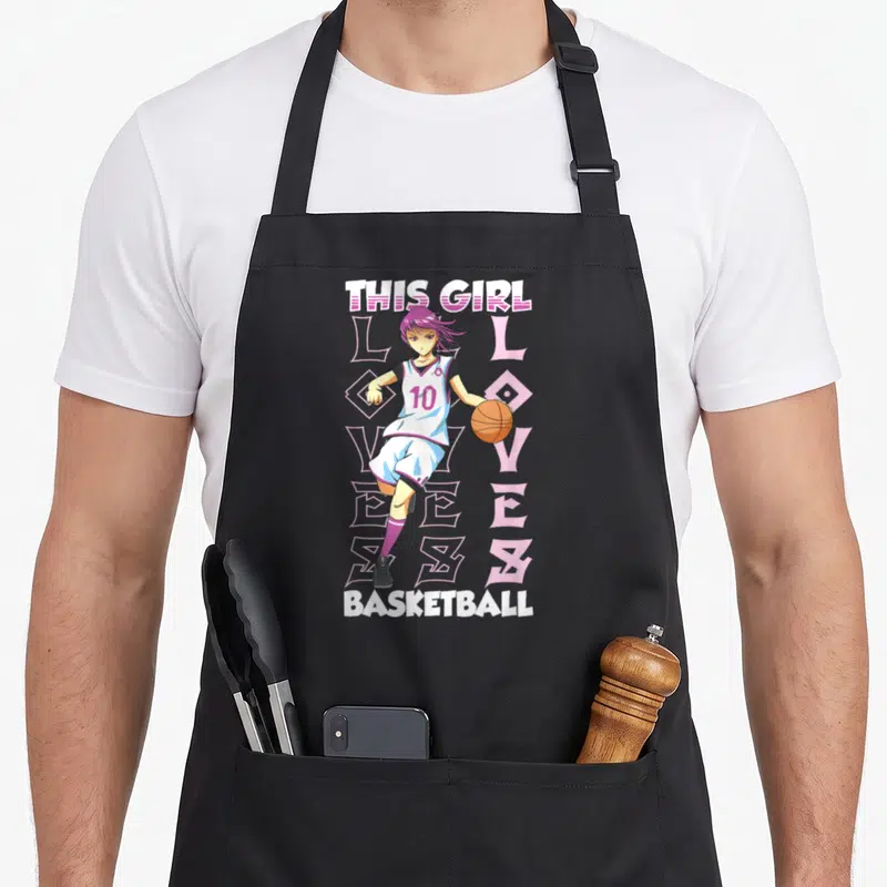 Tablier de cuisine noir avec une illustration d'une joueuse de basket aux cheveux violets portant le maillot numéro 10 et tenant un ballon orange.