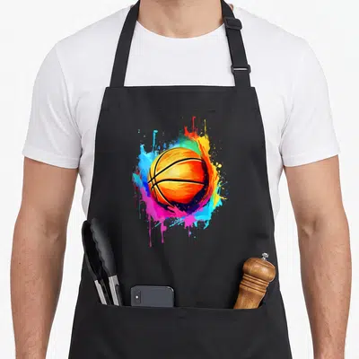 Tablier de cuisine noir avec un ballon de basket orange entouré d'éclats de peinture multicolores.