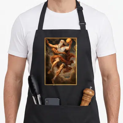 Tablier de cuisine noir avec une illustration de Zeus Dieu Grec jouant au basketball dans le ciel entouré de nuages.