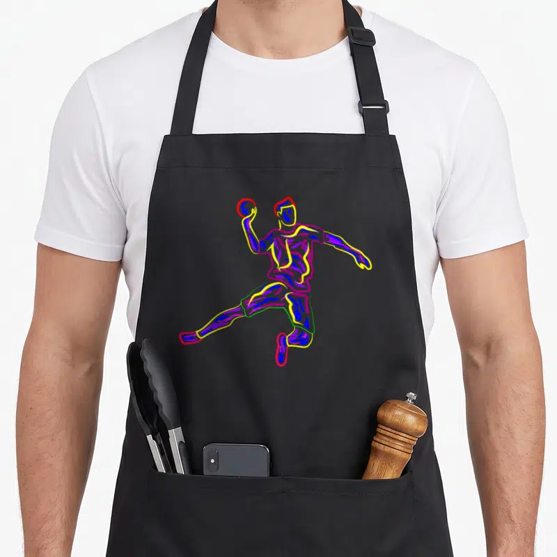 Tablier de cuisine noir avec une illustration colorée d'un joueur de handball en train de lancer la balle.