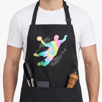 Tablier de cuisine noir avec silhouette handballeur multicolore et texte Handball Maillot Cadeau.