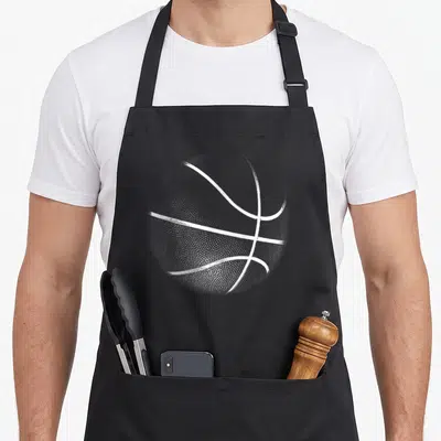Tablier de cuisine noir avec une grande illustration blanche d'un ballon de basketball texturé au centre du vêtement.