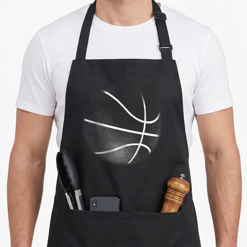 Tablier de cuisine noir avec une grande illustration blanche d'un ballon de basketball texturé au centre du vêtement.