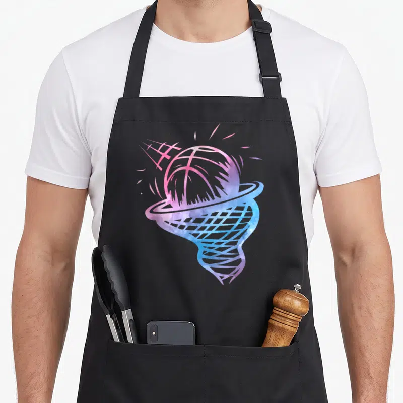 Tablier de cuisine noir avec illustration aquarelle d'un ballon de basket entrant dans un filet aux couleurs rose et bleu.