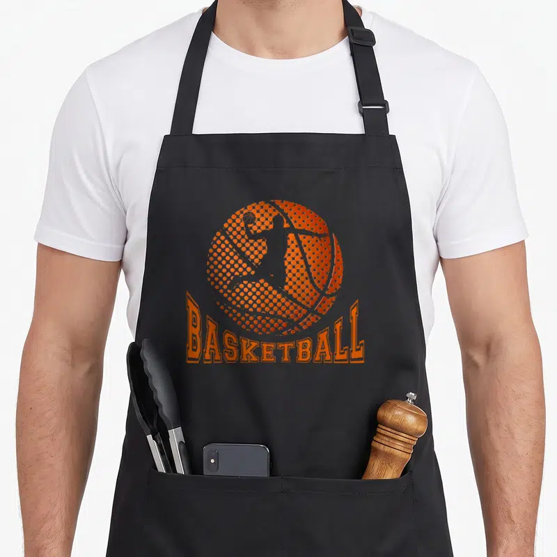 Tablier de cuisine noir avec un ballon de basket orange stylisé et le mot Basketball imprimé en dessous.