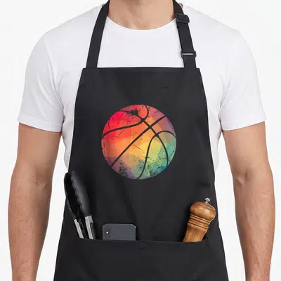 Tablier de cuisine noir avec un ballon de basketball aux couleurs vives et motif géométrique polygonal au centre.